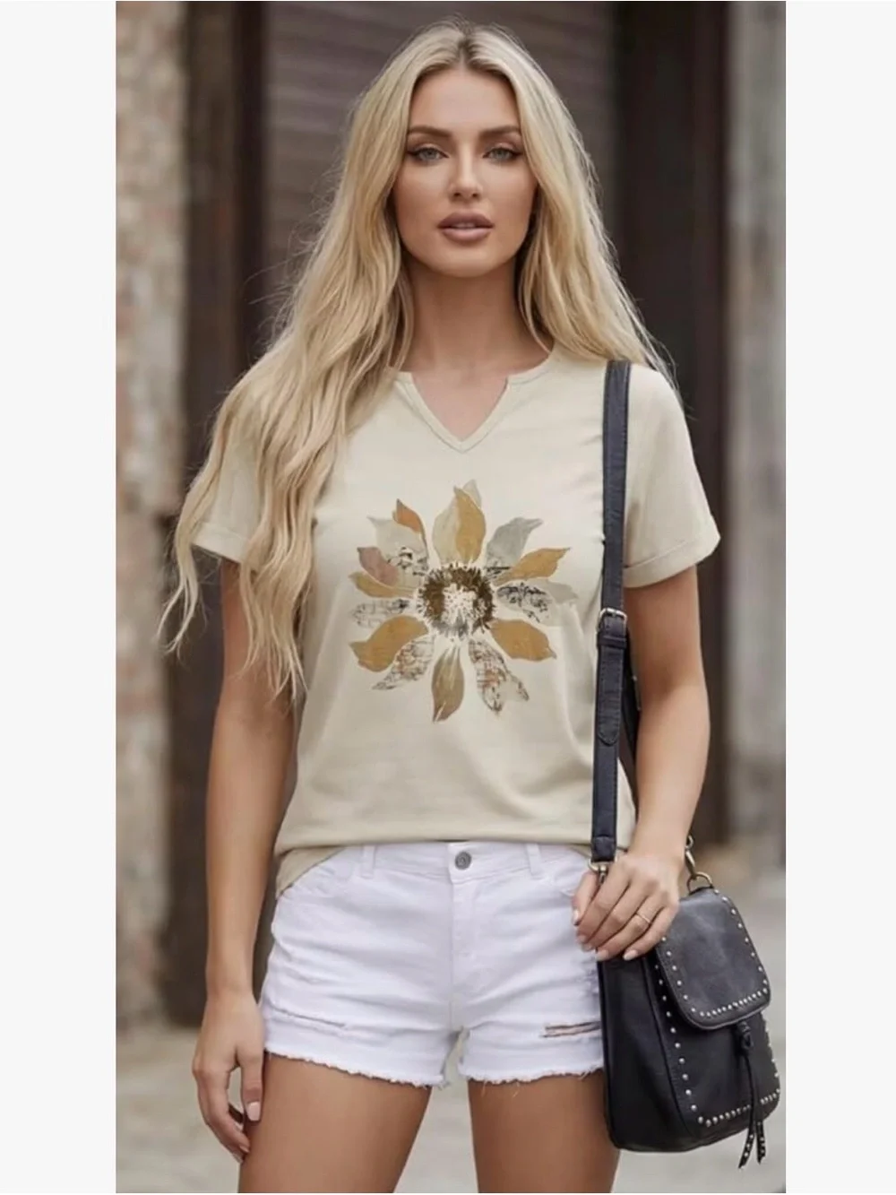 Sunflower V-Neck Short Sleeve Tee - Cream